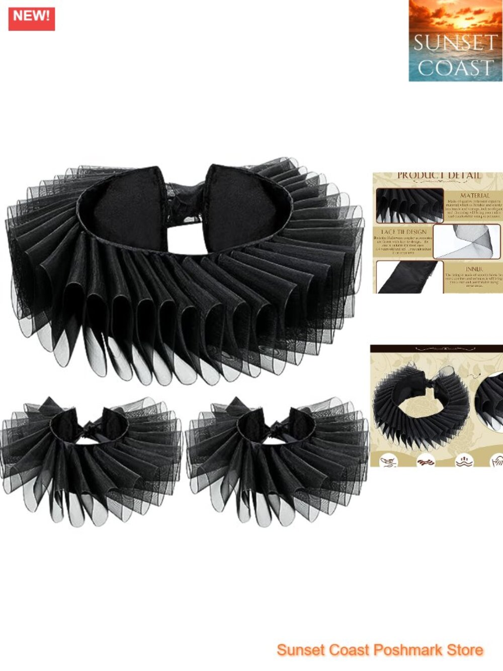 Ruffled Renaissance Collar Cuffs Set Detachable Polyester Organza Costume